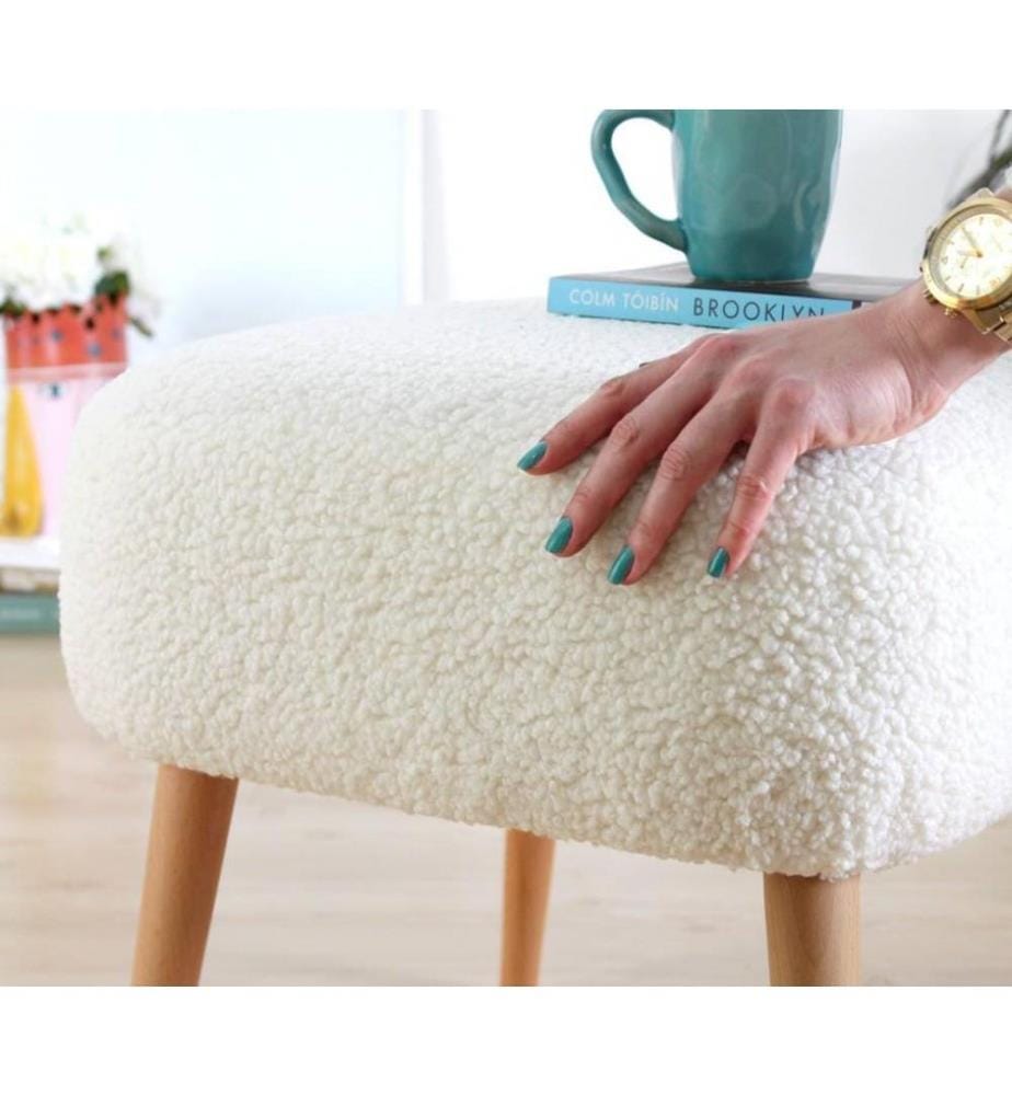 Pouffe, White, Faux Fur, Wooden Legs