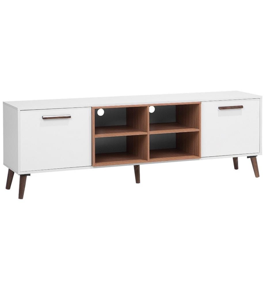 Meuble TV Cadre et 2 Portes Blanches et Cases de Rangement Imitation Bois Pieds en Bois d'Hévéa 60 cm de Hauteur