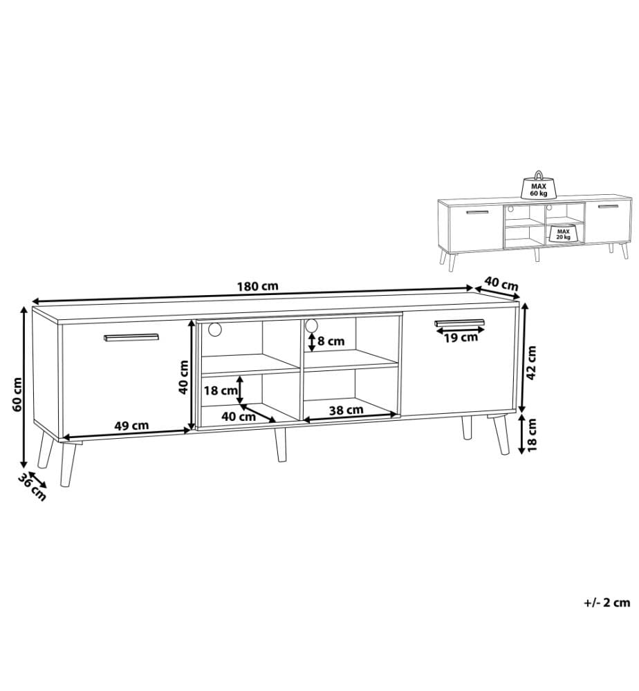 Meuble TV Cadre et 2 Portes Blanches et Cases de Rangement Imitation Bois Pieds en Bois d'Hévéa 60 cm de Hauteur