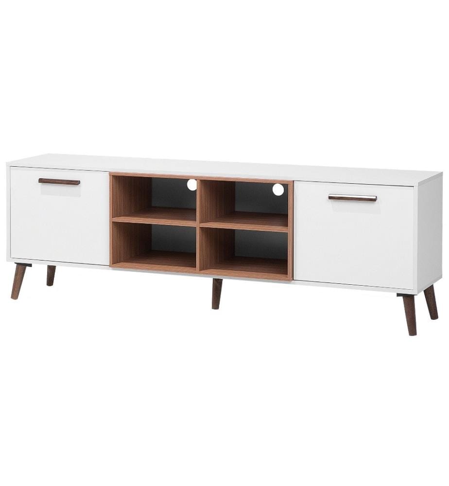 Meuble TV Cadre et 2 Portes Blanches et Cases de Rangement Imitation Bois Pieds en Bois d'Hévéa 60 cm de Hauteur
