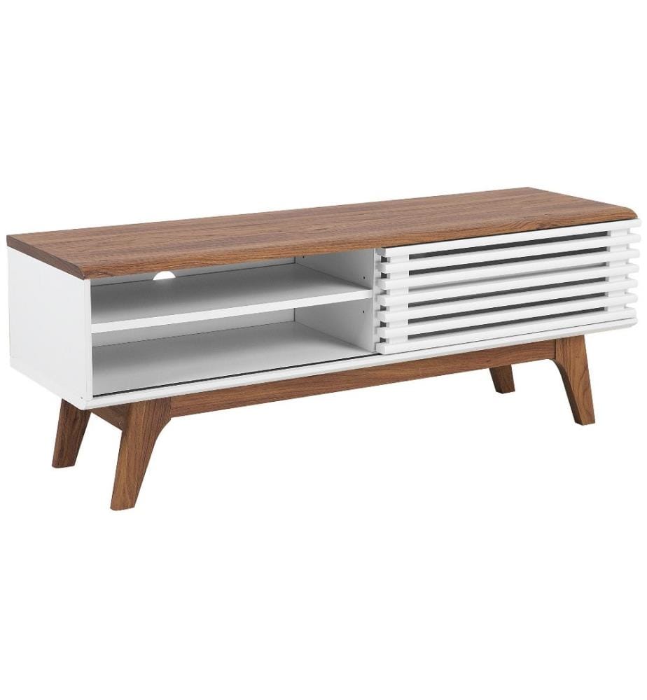 Meuble TV au Style Rétro en Marron Noyer et Blanc avec Porte Coulissante et 4 Compartiments de Rangement 44 cm de Hauteur