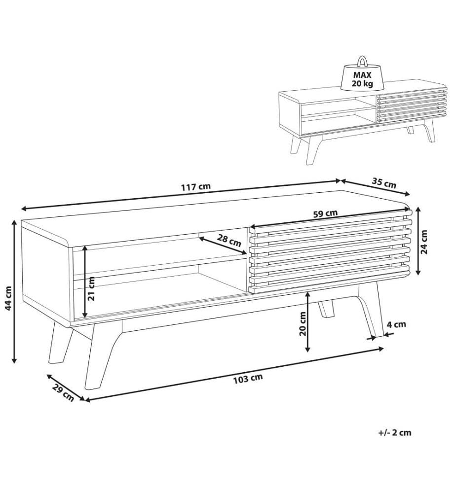 Meuble TV au Style Rétro en Marron Noyer et Blanc avec Porte Coulissante et 4 Compartiments de Rangement 44 cm de Hauteur