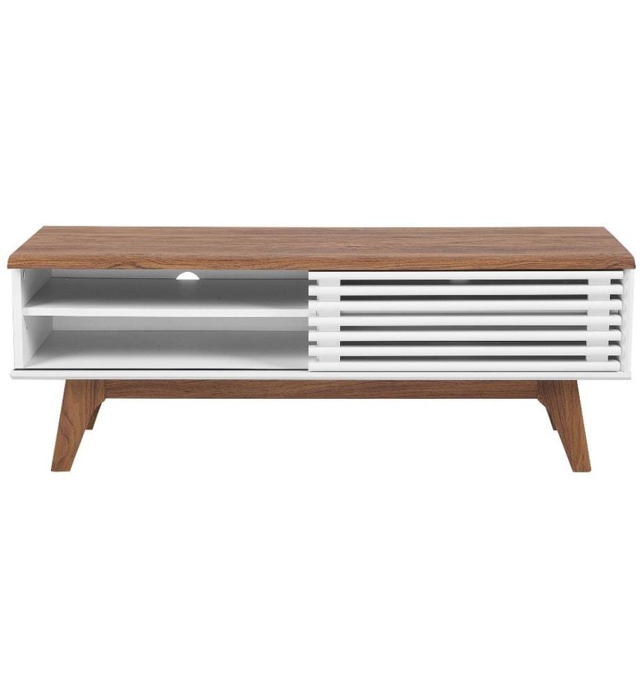 Meuble TV au Style Rétro en Marron Noyer et Blanc avec Porte Coulissante et 4 Compartiments de Rangement 44 cm de Hauteur