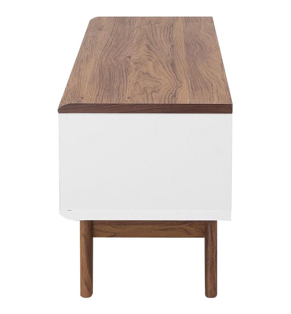 Meuble TV au Style Rétro en Marron Noyer et Blanc avec Porte Coulissante et 4 Compartiments de Rangement 44 cm de Hauteur