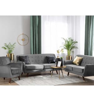 Ensemble Salon 2 Canapés Fixes et Fauteuil en Velours Gris avec Boutons Décoratifs pour Salon au Style Glamour