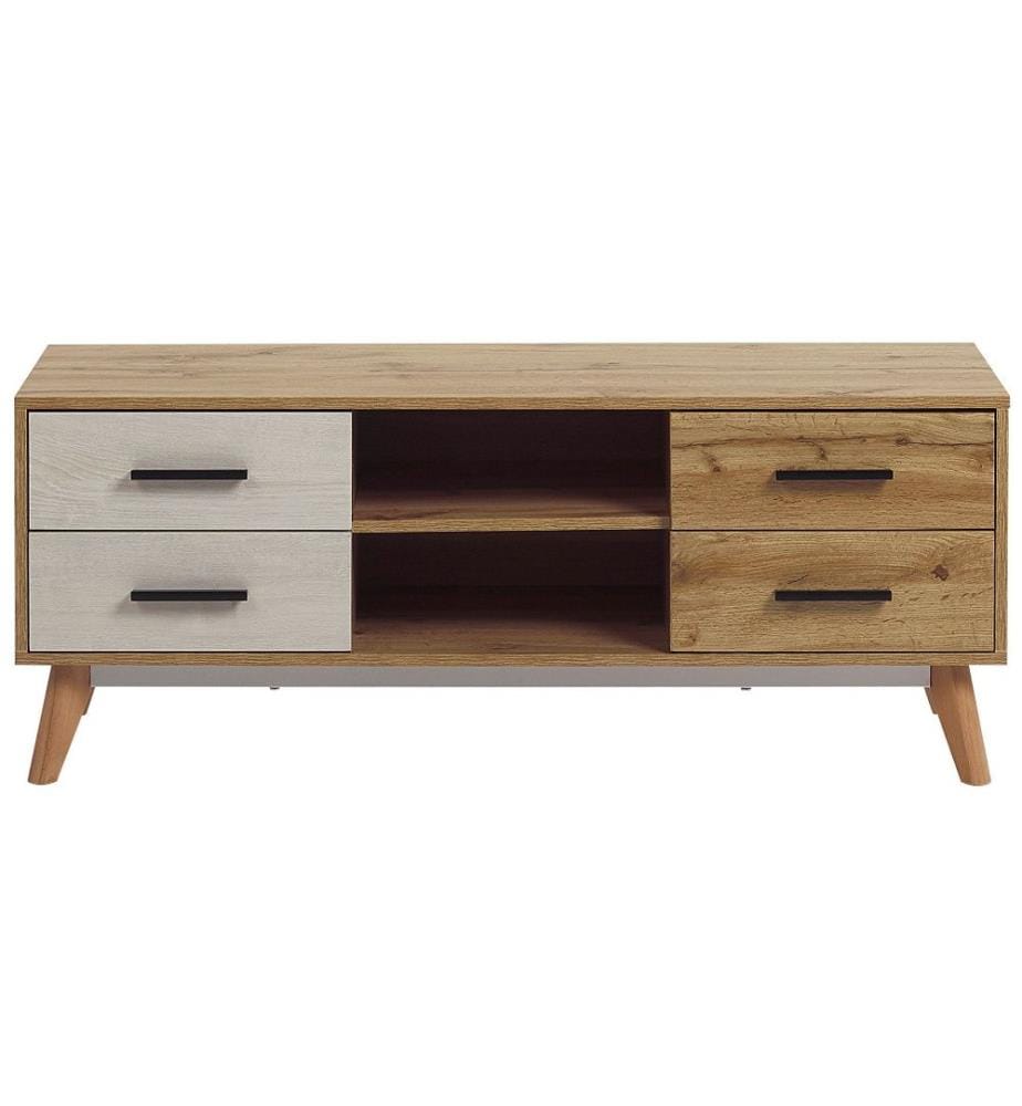 Meuble TV Blanc et Bois Clair avec 4 Tiroirs et 2 Niches Très Elégant et Tendance pour Salon au Style Scandinave Rustique et Boho