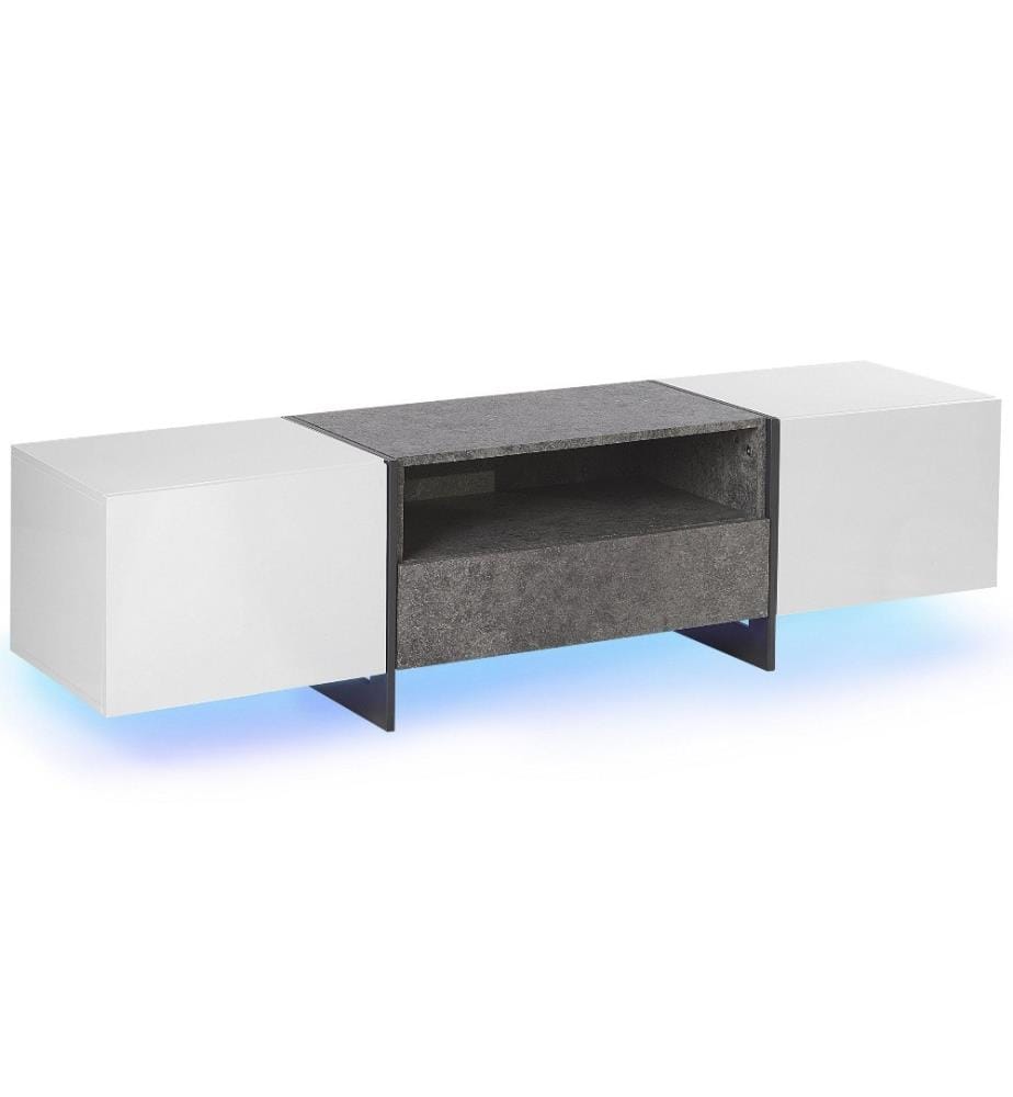 Meuble TV Blanc et Gris Effet Béton avec 2 Compartiments de Stockage et Éclairage LED Intégré pour Salon au Style Moderne