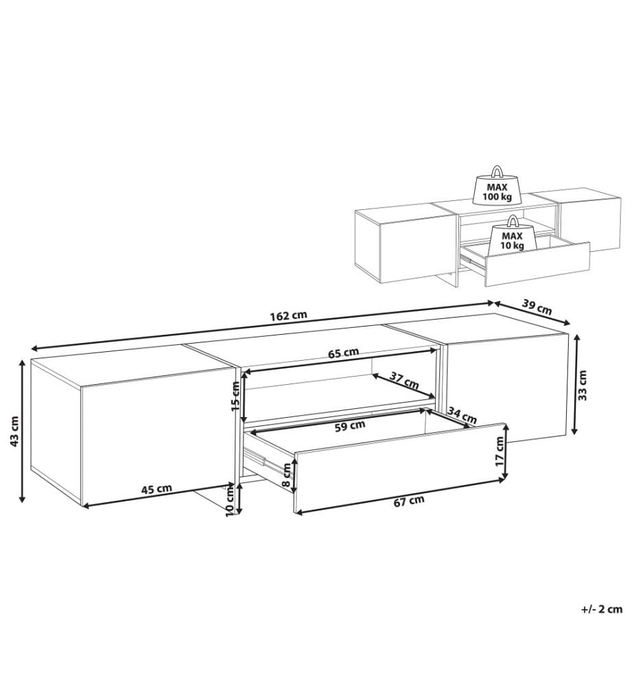 Meuble TV Blanc et Gris Effet Béton avec 2 Compartiments de Stockage et Éclairage LED Intégré pour Salon au Style Moderne
