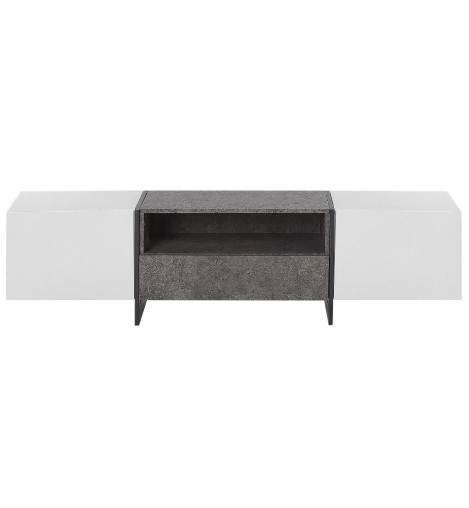Meuble TV Blanc et Gris Effet Béton avec 2 Compartiments de Stockage et Éclairage LED Intégré pour Salon au Style Moderne