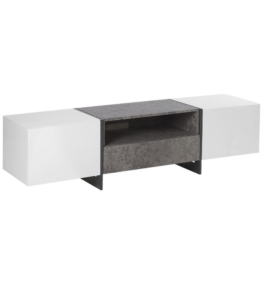 Meuble TV Blanc et Gris Effet Béton avec 2 Compartiments de Stockage et Éclairage LED Intégré pour Salon au Style Moderne