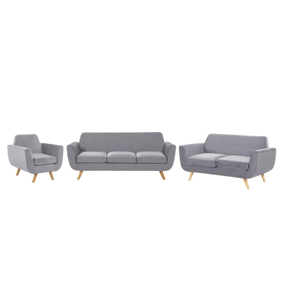 Ensemble Salon Canapé 3 et 2 Places et Fauteuil en Velours Gris avec Pieds en Bois Design et Housse Amovible Lavable Style Rétro Scandinave