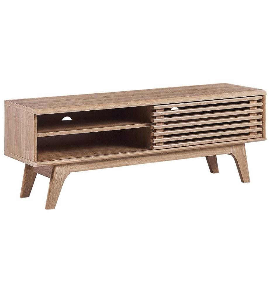 Meuble TV Bois Clair et Blanc en MDF 44x117x35 cm Style Scandinave et Moderne Porte Coulissante et Etagère Pieds Antidérapants