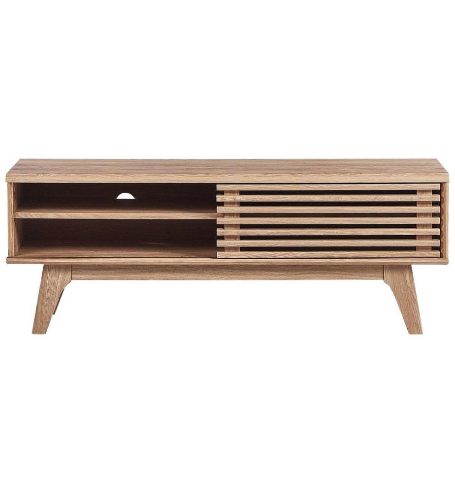 Meuble TV Bois Clair et Blanc en MDF 44x117x35 cm Style Scandinave et Moderne Porte Coulissante et Etagère Pieds Antidérapants
