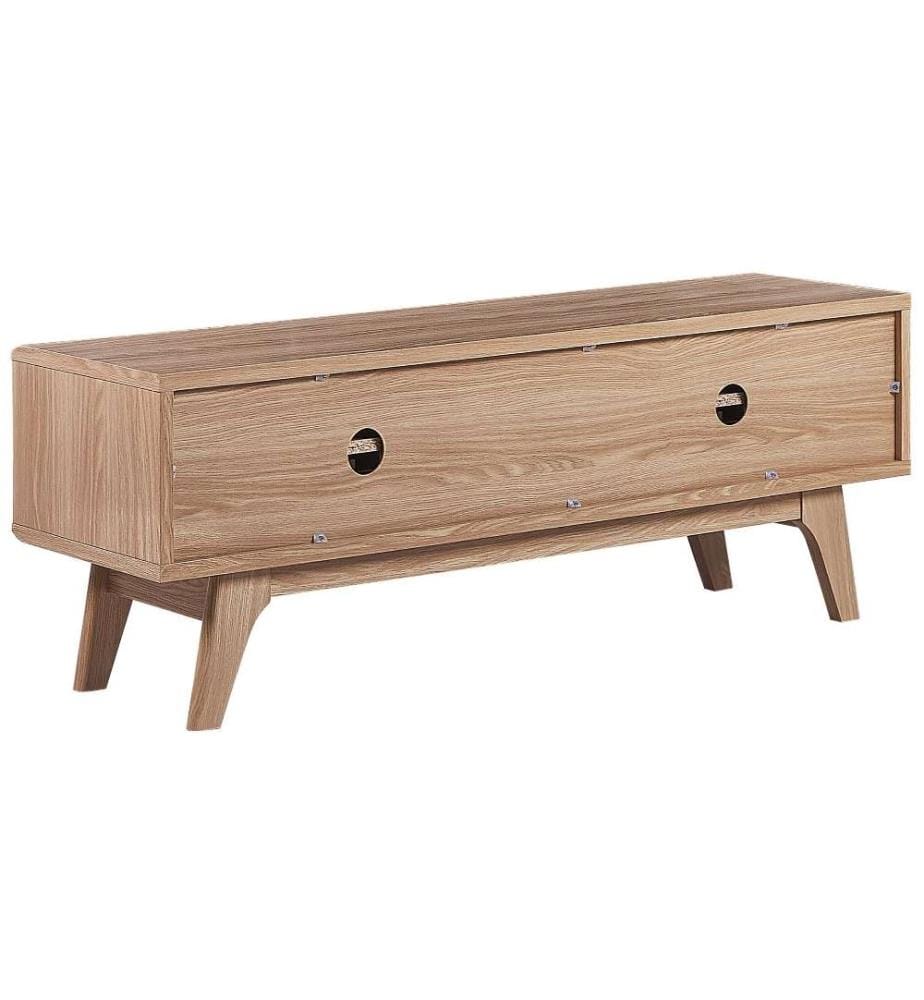 Meuble TV Bois Clair et Blanc en MDF 44x117x35 cm Style Scandinave et Moderne Porte Coulissante et Etagère Pieds Antidérapants
