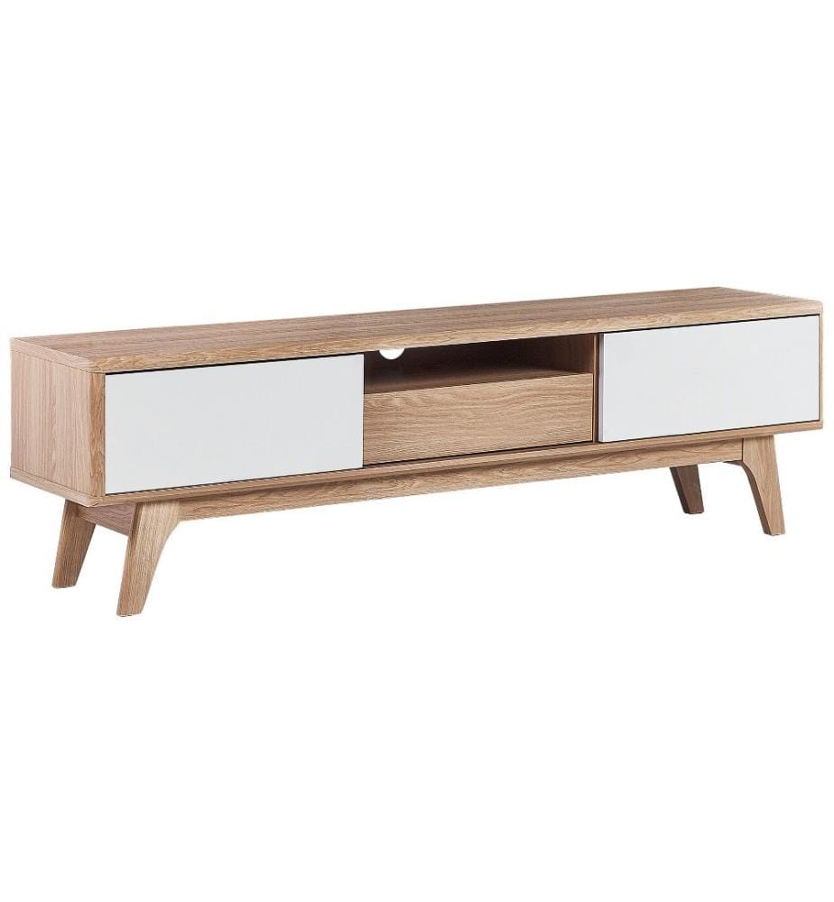 Meuble TV Bois Clair et Blanc en MDF 44x149x35 cm Style Scandinave et Moderne Portes Coulissantes et Etagère