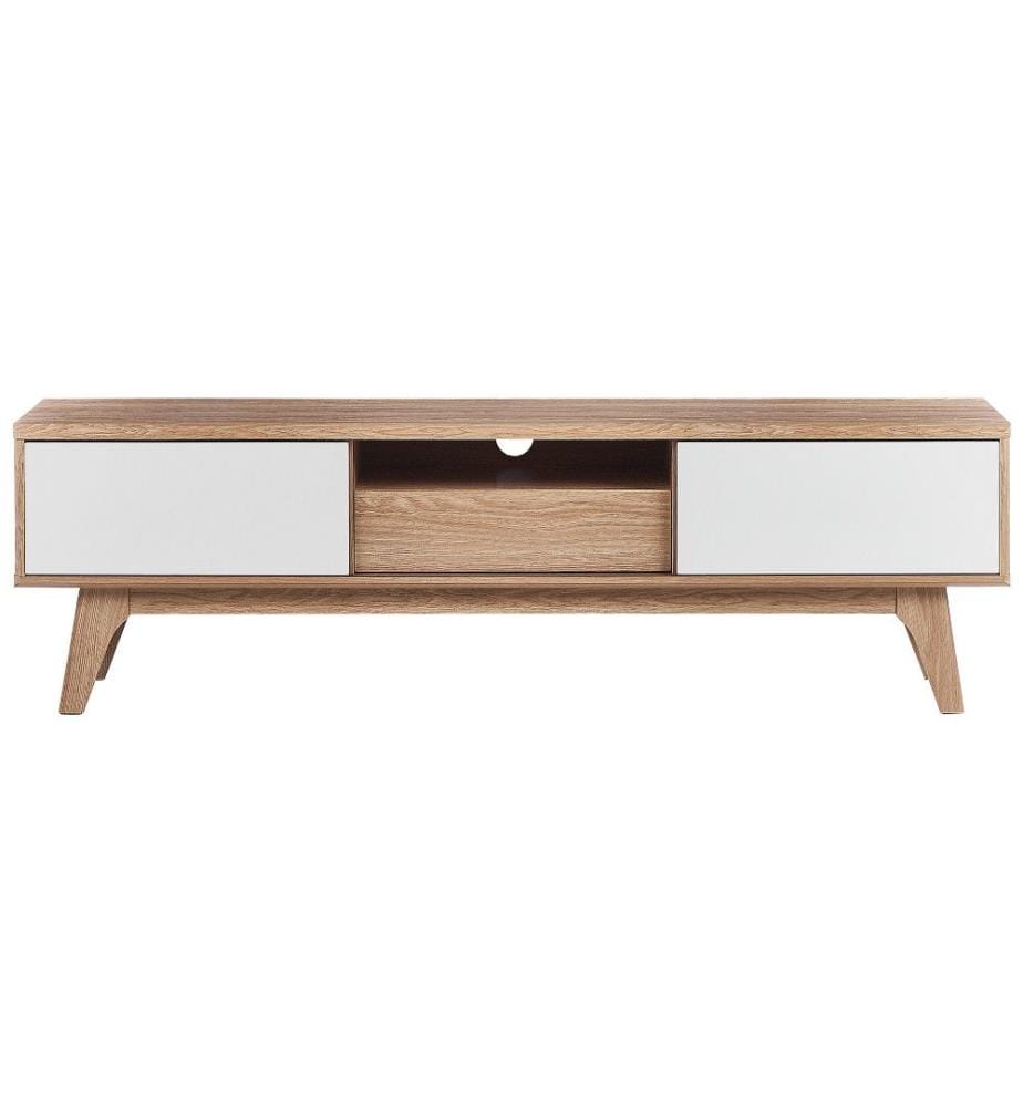 Meuble TV Bois Clair et Blanc en MDF 44x149x35 cm Style Scandinave et Moderne Portes Coulissantes et Etagère