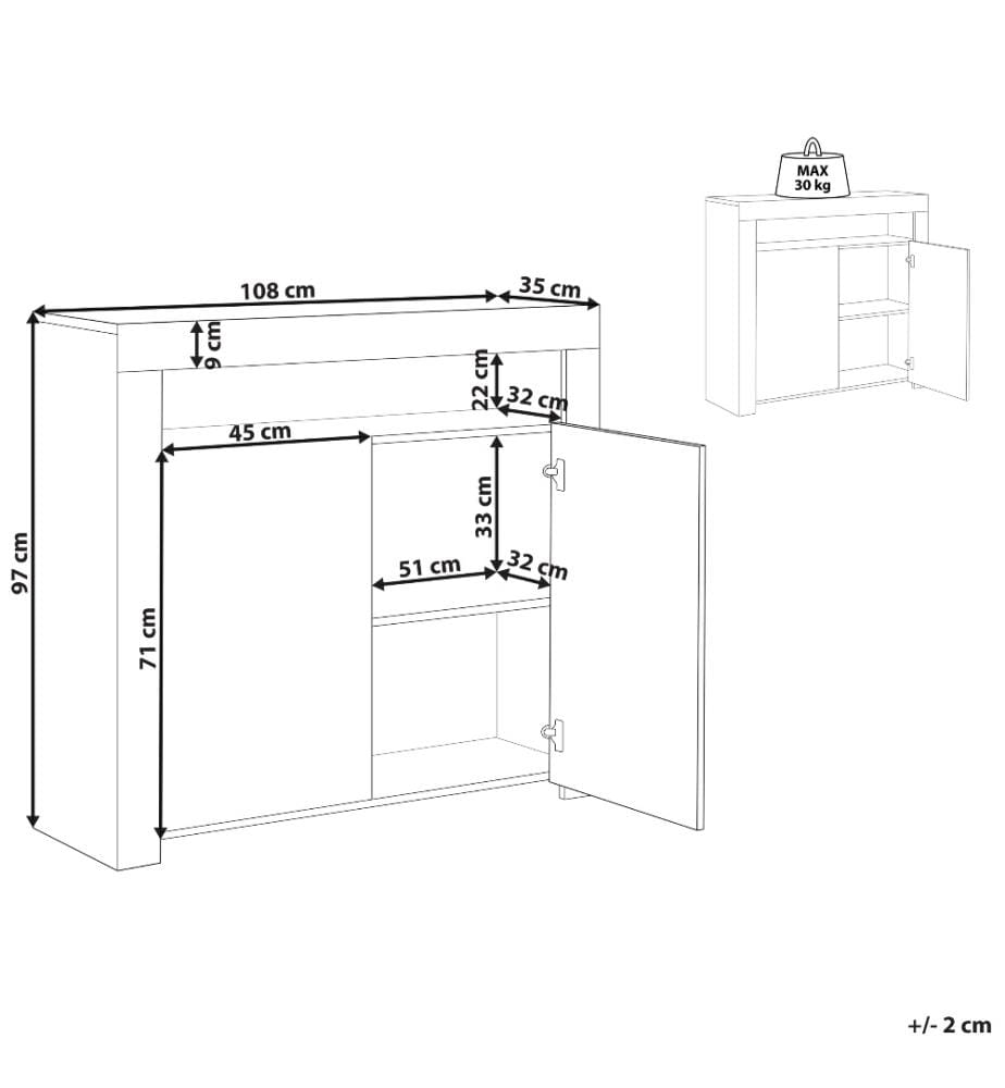 Commode Blanche en MDF Panneaux de Particules à 2 Portes 4 Etagères et LED Rangement pour Salon Pratique et Minimaliste