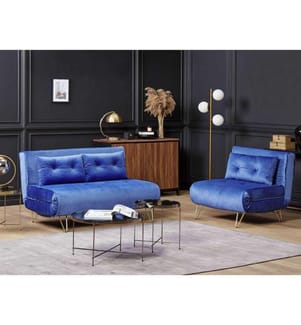 Sofa 3- Sitzer Set Marineblau Samtstoff Sitzgruppe Schlaffunktion Verstellbare Rückenlehne Zierkissen Modern Wohnzimmer