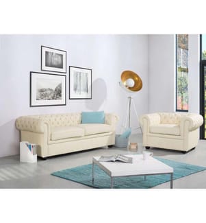 Sofa und Sessel Creme Echtleder 4-Sitzer Set Chesterfield Stil Glamourös Wohnzimmer