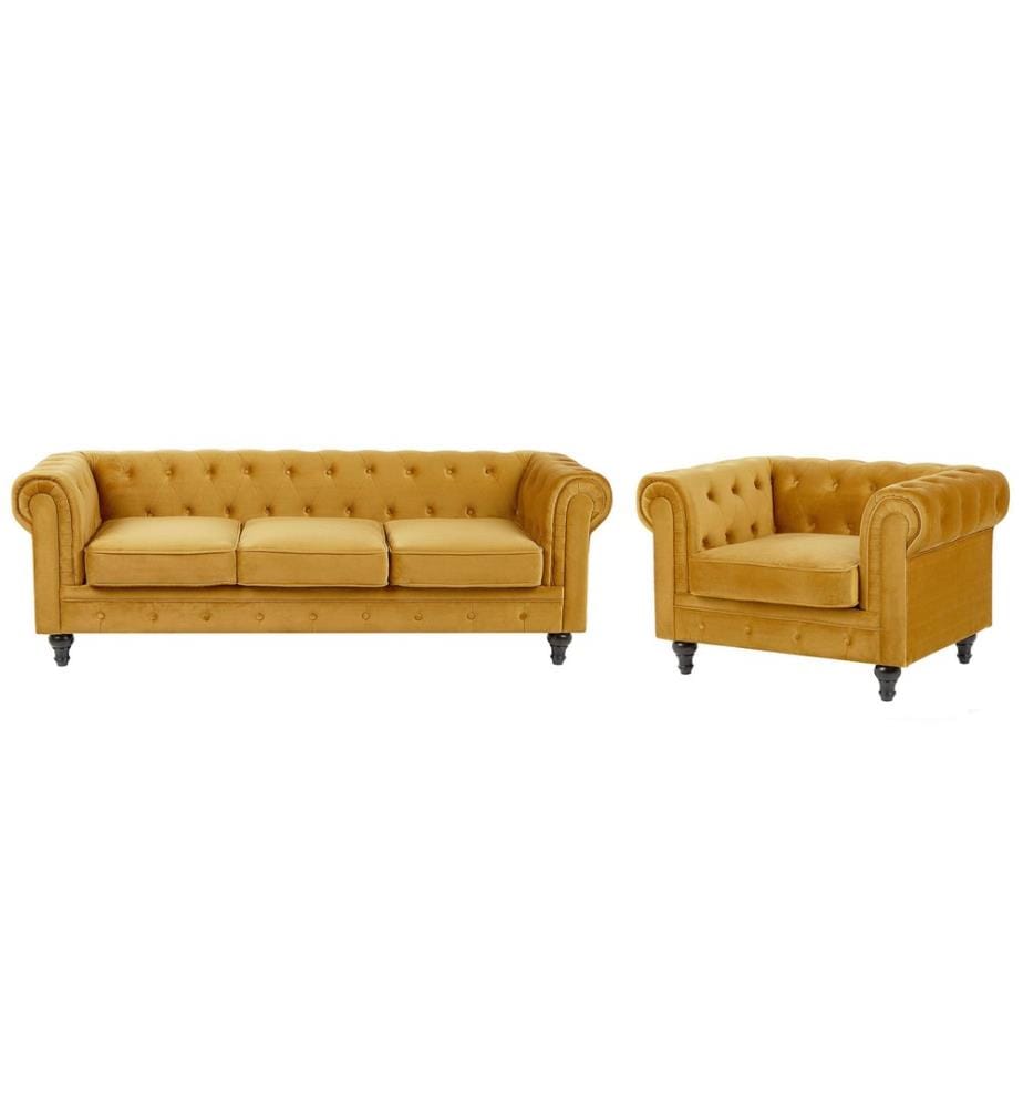 Ensemble Salon Canapé et Fauteuil Chesterfield en Velours Jaune Moutarde avec Dossiers Capitonnés Design Vintage et Glamour