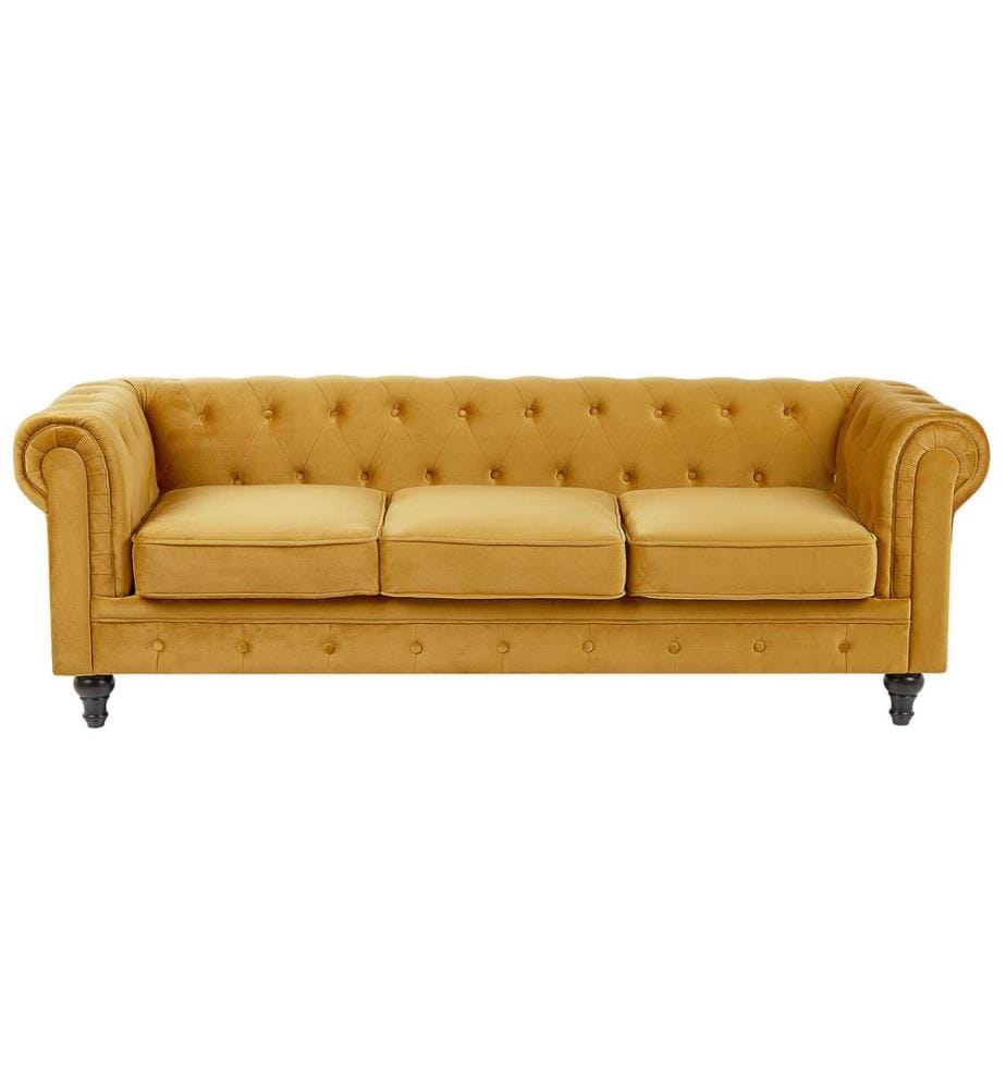 Ensemble Salon Canapé et Fauteuil Chesterfield en Velours Jaune Moutarde avec Dossiers Capitonnés Design Vintage et Glamour