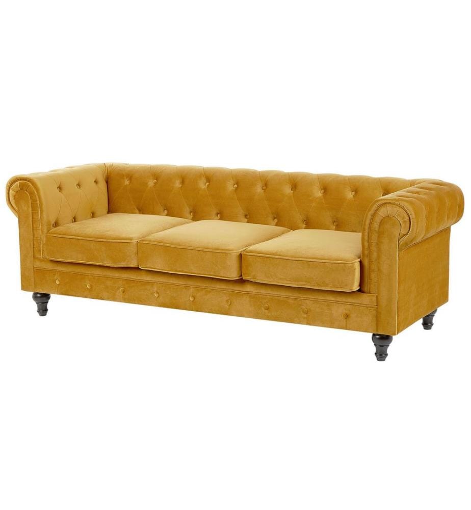 Ensemble Salon Canapé et Fauteuil Chesterfield en Velours Jaune Moutarde avec Dossiers Capitonnés Design Vintage et Glamour