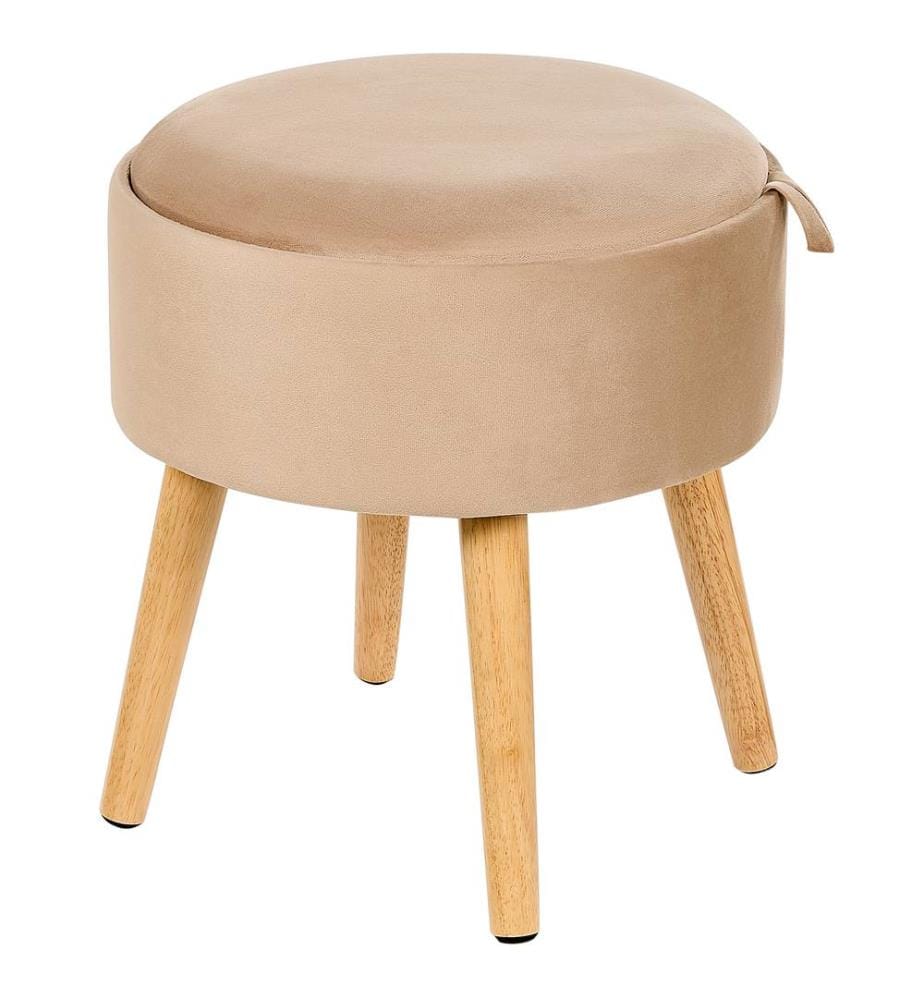 Hocker Beige aus Samt / Holz mit Stauraum Tablett Ablage für Wohnzimmer Schlafzimmer Kinderzimmer Flur