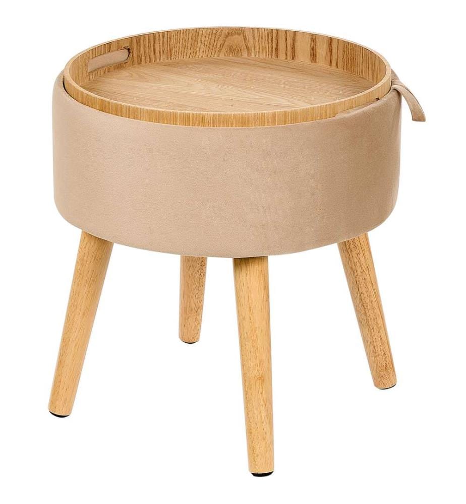 Hocker Beige aus Samt / Holz mit Stauraum Tablett Ablage für Wohnzimmer Schlafzimmer Kinderzimmer Flur
