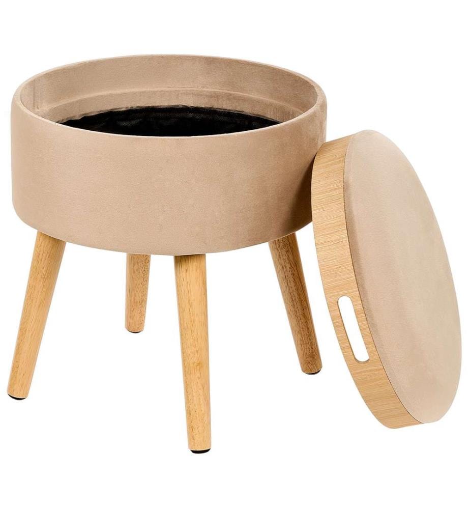 Hocker Beige aus Samt / Holz mit Stauraum Tablett Ablage für Wohnzimmer Schlafzimmer Kinderzimmer Flur