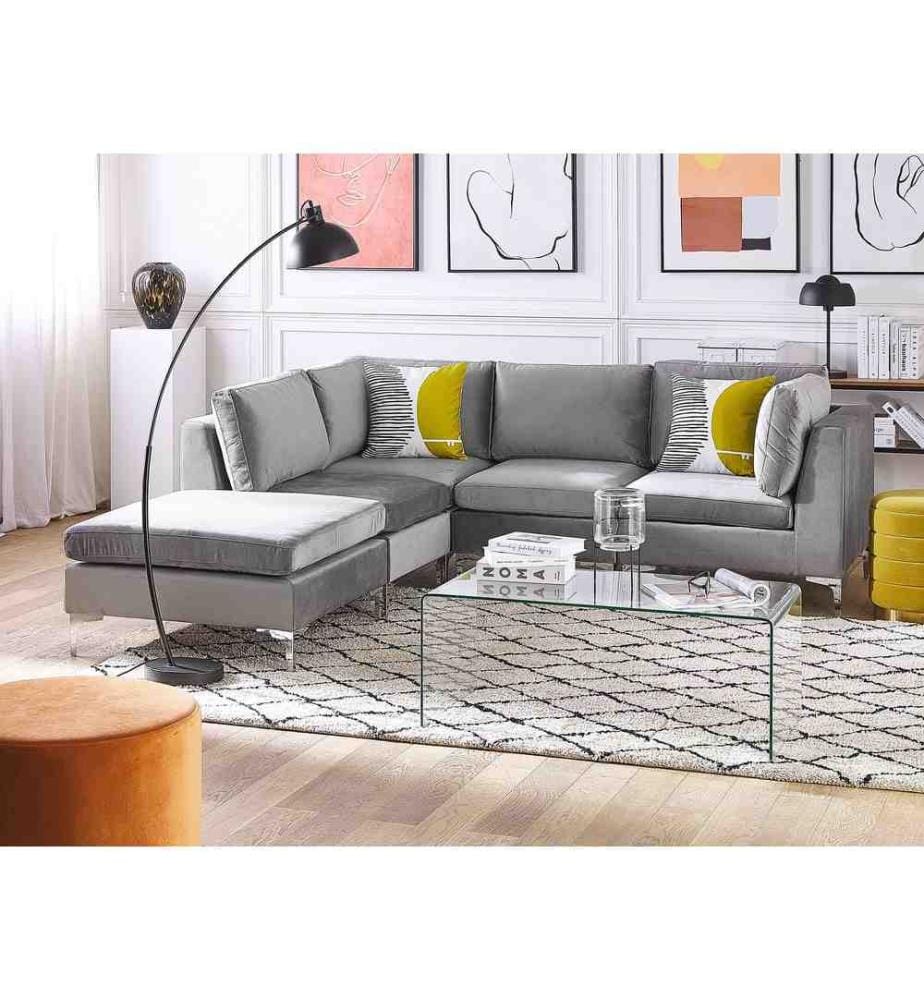Canapé d'Angle Modulable Côté Droit 4 Places en Velours Gris avec Pouf Ottoman Look Tendance et Qualité pour Salon Moderne et Glamour