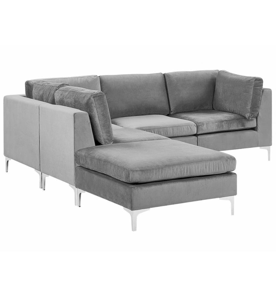 Canapé d'Angle Modulable Côté Droit 4 Places en Velours Gris avec Pouf Ottoman Look Tendance et Qualité pour Salon Moderne et Glamour