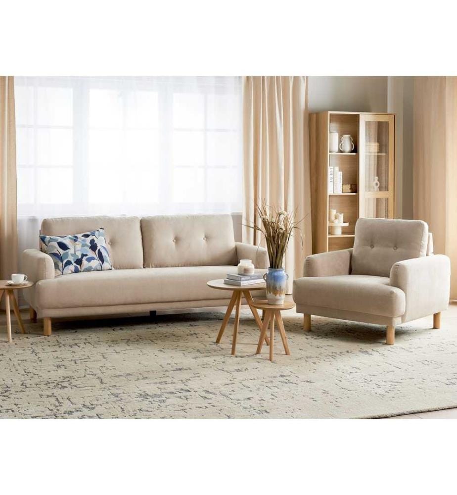 Ensemble de Salon Beige en Velours Côtelé avec Fauteuil et Canapé Pieds en Bois Style Rétro Minimaliste