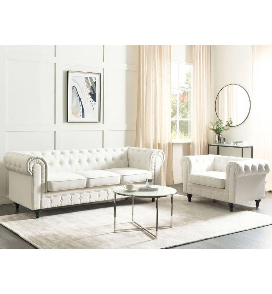Ensemble de Salon Blanc Cassé en Tissu Canapé 3 Places Fauteuil Capitonné Style Vintage