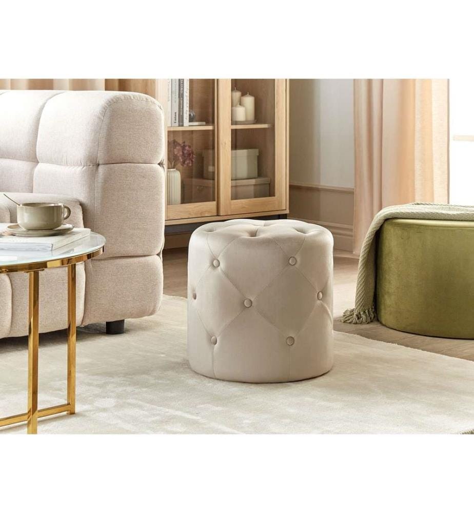 Pouf Repose-Pieds Beige en Velours Rond Décoratif Capitonné 40 cm Style Moderne Glam
