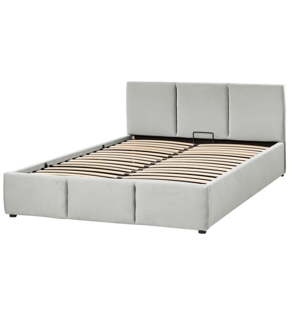 Lit Double Gris Clair en Velours 140 x 200 cm avec Coffre Sous le Sommier Tissu Soyeux et Velouté Facile à Entretenir Style Classique