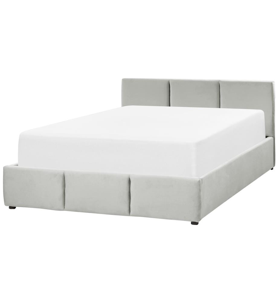 Lit Double Gris Clair en Velours 140 x 200 cm avec Coffre Sous le Sommier Tissu Soyeux et Velouté Facile à Entretenir Style Classique