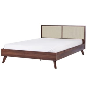 Bett Dunkler Holzfarbton Pappel-Faserplatte mit Lattenrost 180 x 200 cm Holzbeinen Hohem Kopfteil aus Wiener Geflecht Modern Schlafzimmer Möbel
