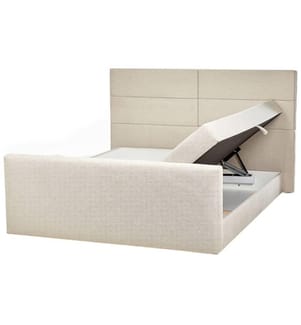 Boxspringbett Beige Stoffbezug 180 x 200 cm mit Bettkasten Hochklappbar Hohes Kopfteil 2 Bonellfederkernmatratzen Modern Schlafzimmer Möbel