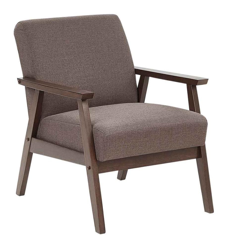 Fauteuil de Salon en Tissu Marron avec Cadre en Bois Naturel Foncé Style Rétro et Scandinave Idéal pour votre Séjour ou Coin Lecture