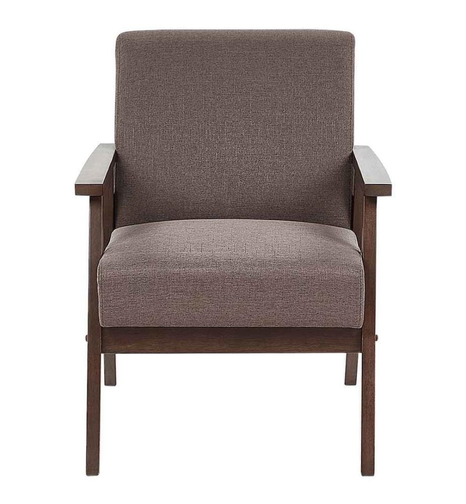 Fauteuil de Salon en Tissu Marron avec Cadre en Bois Naturel Foncé Style Rétro et Scandinave Idéal pour votre Séjour ou Coin Lecture