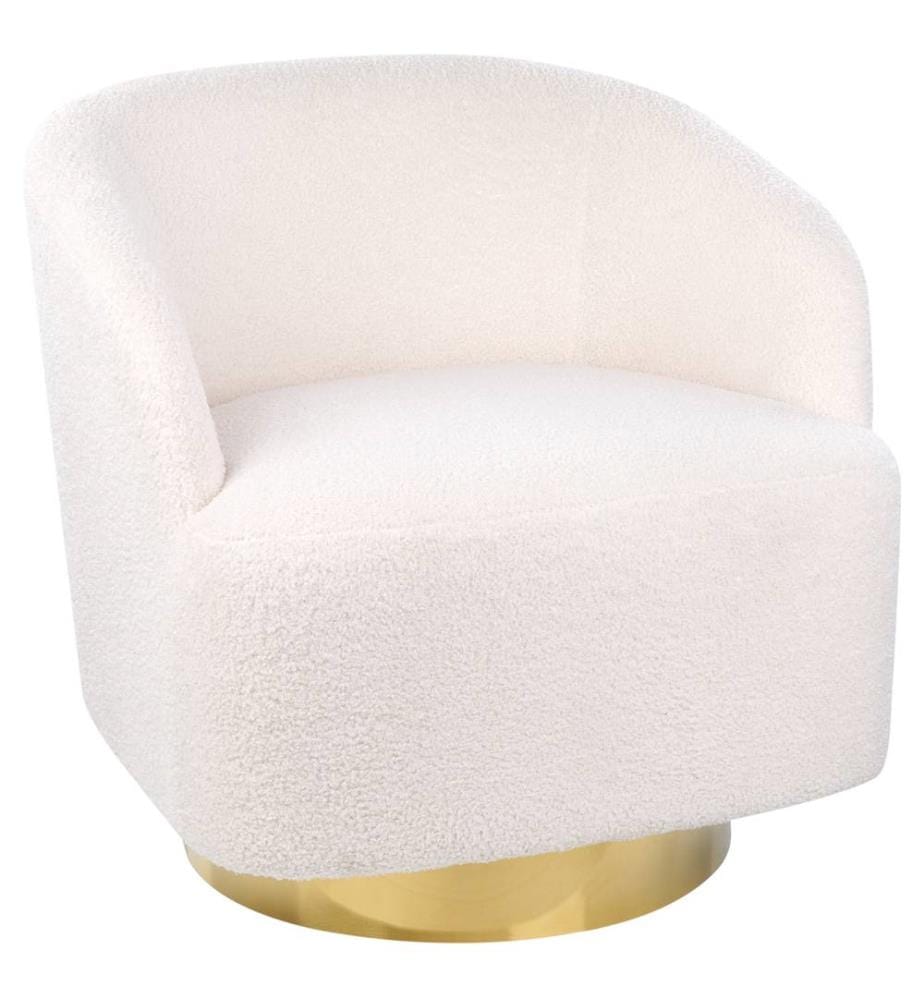 Sessel Weiss Creme Boucle Weiches Gewebe Noppengold Sockel Drehbar 360° Retro Glam Art Decor Stil
