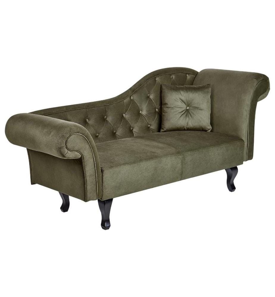 Chaise Longue Classique Vert Olive en Velours Canapé Méridienne Côté Droit Confortable pour Salon Glamour et Vintage