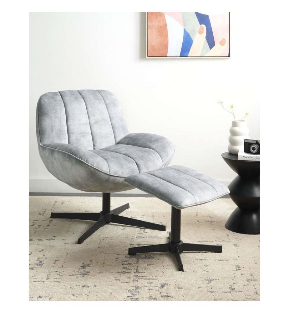 Sessel mit Hocker Hellgrau Samtbezug Gesteppt Drehfunktion Dicke Polsterung Ohne Armlehnen Retro Wohnzimmer Schlafzimmer Flur Ausstattung