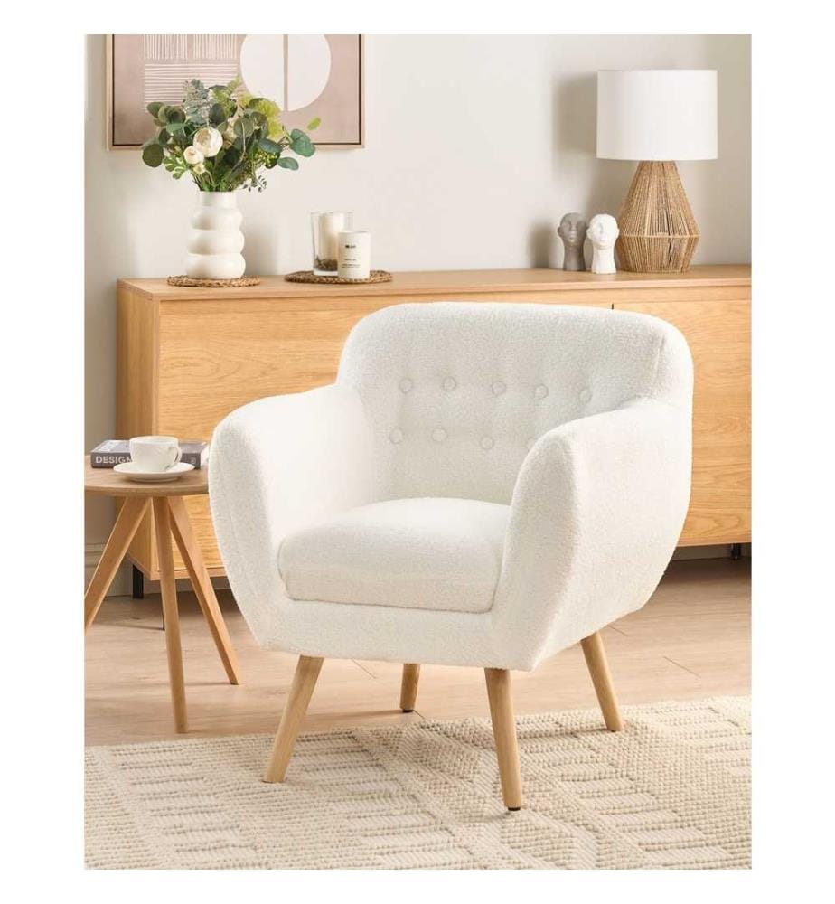 Fauteuil Blanc en Bouclé Dossier Bas Rembourré Style Rétro