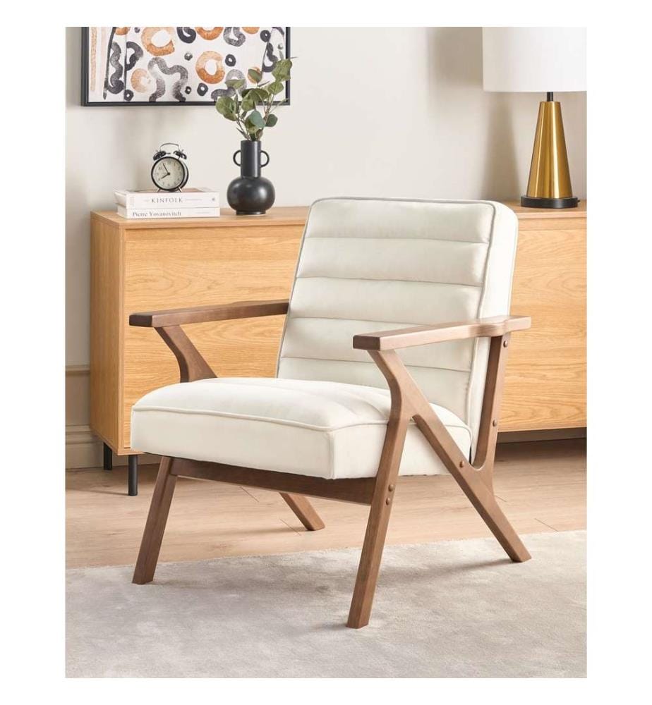 Weisser Sessel aus gepolstertem Velours mit Holzgestell Wohnzimmer Schlafzimmer Retro-Stil