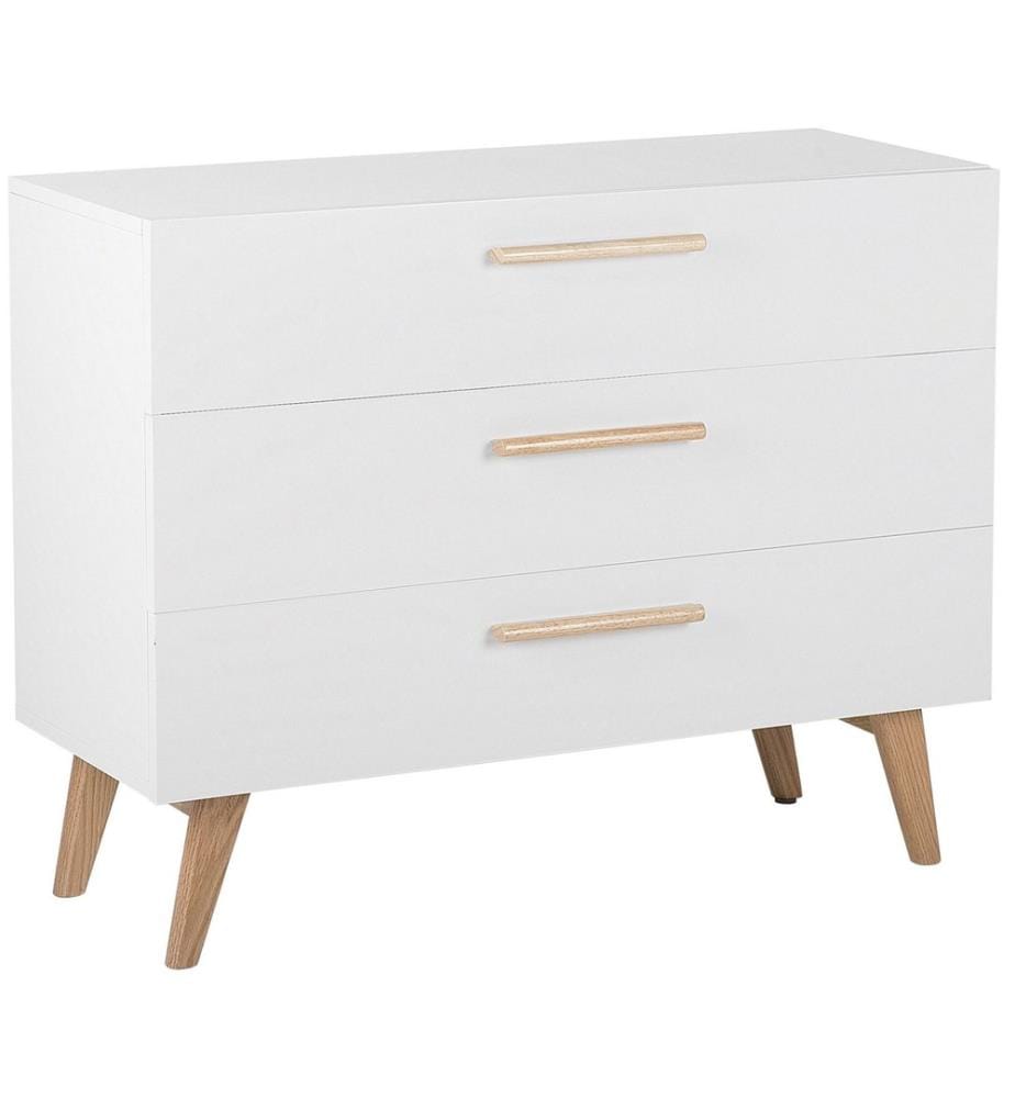 Commode Blanche de 83 cm de Hauteur Blanche avec Pieds en Bois de Chêne composé de 3 Tiroirs Style Moderne