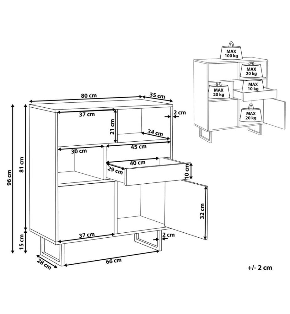 Haute Commode Buffet Effet Bois Foncé avec Pieds en Métal et 2 Tiroirs Solution Rangement Spacieux pour Chambre ou Salon Industriel et Moderne