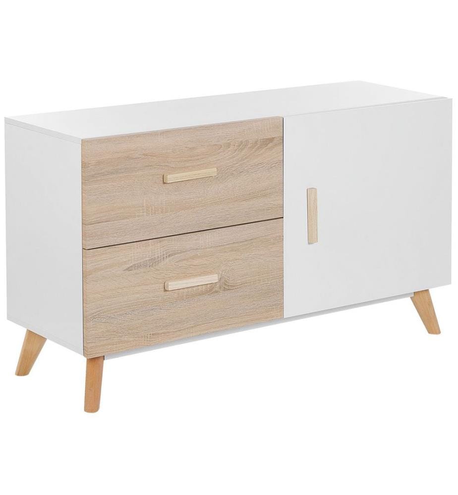 Sideboard Weiss / Heller Holzfarbton mit Schrank und 2 Schubladen  MDF-Platte /  Buchenholz Wohnzimmer Schlafzimmer Salon