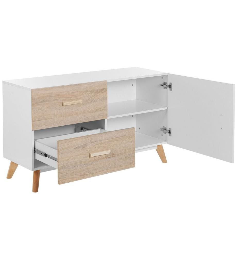 Sideboard Weiss / Heller Holzfarbton mit Schrank und 2 Schubladen  MDF-Platte /  Buchenholz Wohnzimmer Schlafzimmer Salon