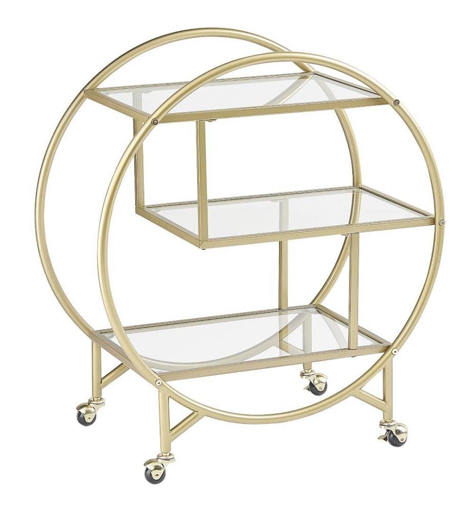 Chariot de Cuisine Doré en Verre Transparent et Métal 50 x 34 cm sur Roues à Trois Etagères pour Salle à Manger